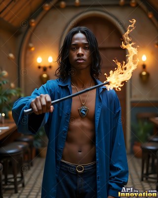 Wearing a bright blue shirt, a man points a burning wand in an arched hallway