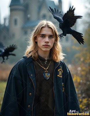 A young blond man stands in a dark robe as black ravens fly past in soft daylight