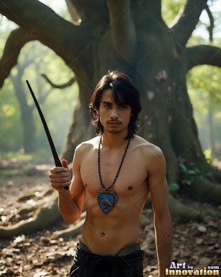 Facing forward in a leafy forest, a shirtless man holds a wand by a large tree trunk