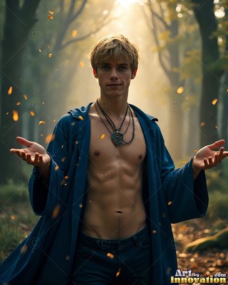 A shirtless young man in a blue robe stands with his hands open in the woods