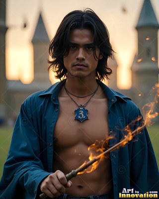 Before castle towers, a bare-chested man in a blue collared shirt holds a fiery wand