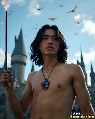 Holding a lit wand, a shirtless man stands outside a gray stone castle under flying birds