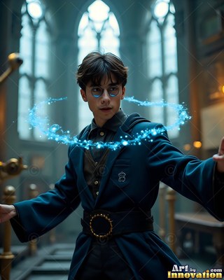 Young man in glasses casting a ring of blue sparks in a stone hall