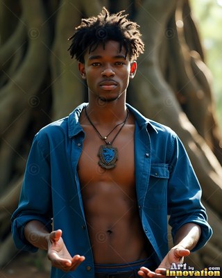 In a bright blue shirt before thick tree roots, a man holds his palms up in soft light