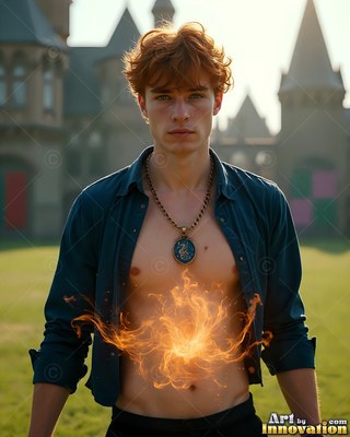 A red-haired man stands with his shirt open as bright orange fire burns on his stomach