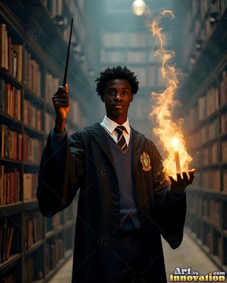 Facing forward in a dim library, a young man has in his hands up a wand and a flame