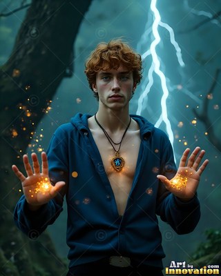 A young man in a blue hoodie holds up shining hands as lightning strikes behind him