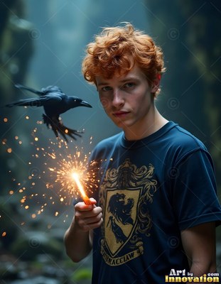 In a dark forest, a red-haired young man grips a lit sparkler as a raven flies near