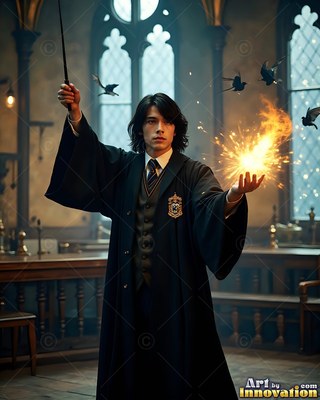 Holding a wand, a young man in black school robes casts bright fire in a classroom