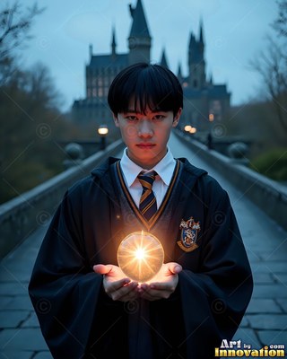 Young man in black robes holding a bright orb outside a castle
