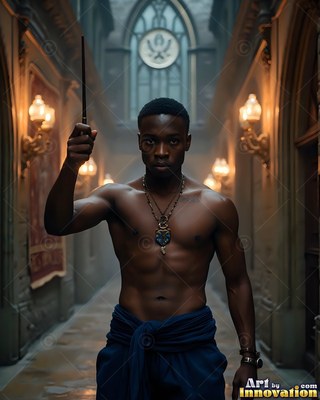 Wearing a blue wrap at his waist in a stone hall, a shirtless man raises a wand by wall lamps