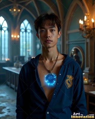 A young man stands in a vaulted hall wearing an open robe and a bright blue pendant