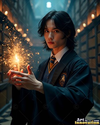 Facing forward in a library hallway, a young man clasps a sparkling candle