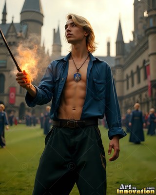 A young blond man in a plain blue button-up shirt holds a fiery wand in a castle yard