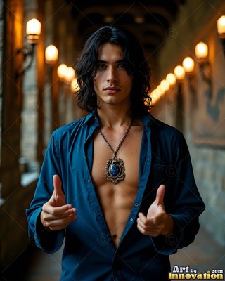 In a stone hallway lit by wall lamps, a dark-haired man wears an unbuttoned blue dress shirt