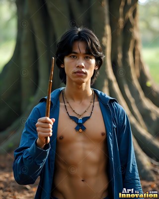 Holding up a wooden wand, a shirtless man in a bright blue dress shirt stands near trees