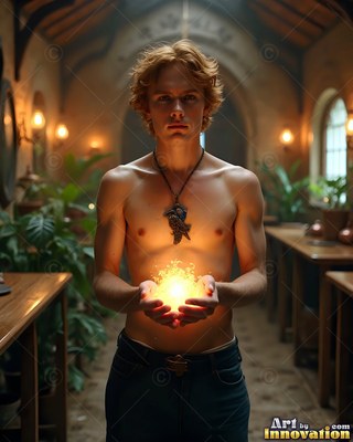 Shirtless man holding bright yellow light in his cupped hands indoors