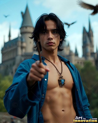 Unbuttoned blue shirt on a bare-chested man holding a wand before a castle as birds fly