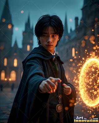 A young man points forward in dark robes beside a bright circle of yellow sparks