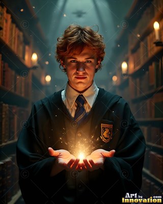 Facing forward in a dim library, a young man has in his hands bright light in cupped hands