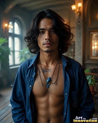 A man with wavy hair stands indoors wearing a plain blue shirt and a bird pendant