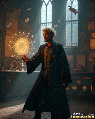 In a stone hall, a young man in black robes conjures a circle of yellow light