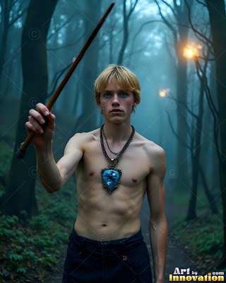 Holding a wooden wand up, a shirtless young man poses standing in a foggy blue forest