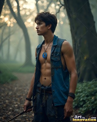 Shirtless young man in a bright blue vest in misty woods