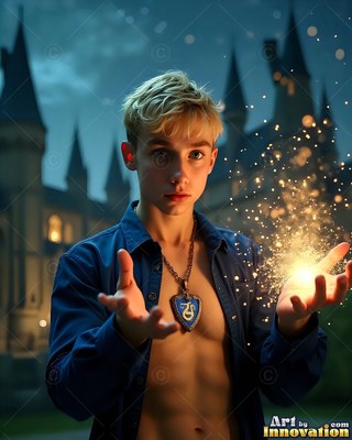 Wearing a pale blue collared shirt, a young blond man holds bright yellow sparks outside a castle