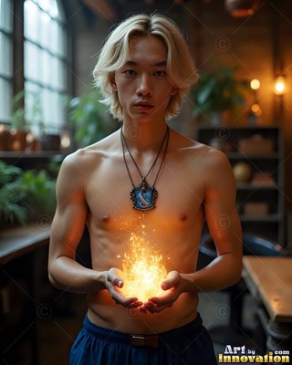 A shirtless young man holds a small bright fire in his cupped hands in a dim room