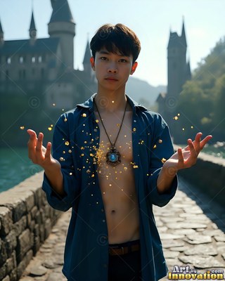 Facing forward by a stone bridge, a young man clasps his hands out near a castle