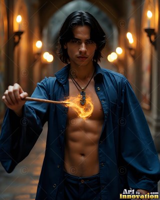 A young man in a clear blue robe points a wand of fire at his chest