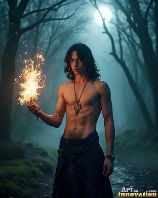 In a foggy night forest, a shirtless man holds bright golden sparks in his hand