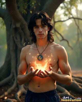 Cupping bright sparks in his hands, a shirtless man stands before a tree