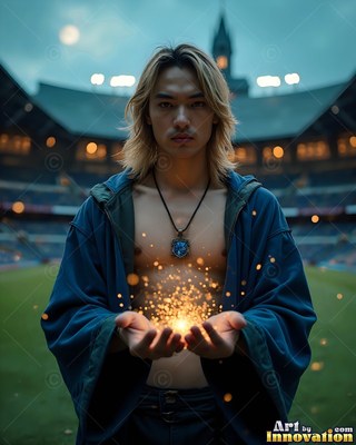 Wearing an open blue robe, a man holds bright yellow sparks in his hands inside a stadium