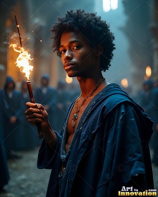 A young man grips a burning wand in a crowd, warm firelight shining on his dark face