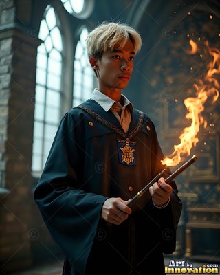 Turned to the side inside a stone hall, a young man holds a flaming wand in dark robes