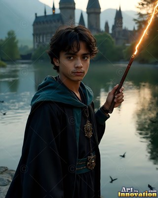 A young man in dark green robes holds a fiery wand by a lake near a castle
