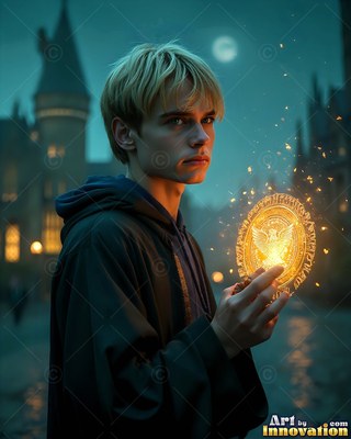 Outside a castle at night, a blond young man carries a bright gold raven emblem