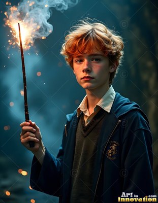 Holding a sparking wand, a young blond man in a blue robe stands in dim light