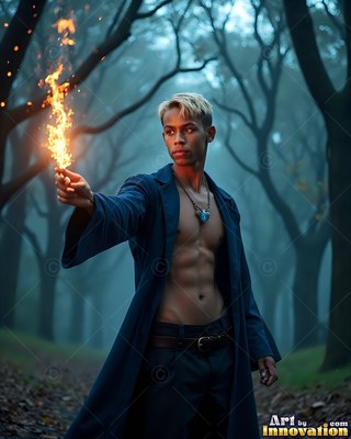 A shirtless man in a blue coat holds fire in a misty forest