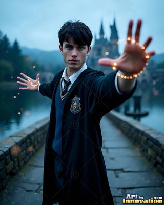 Wearing a dark school robe, a young man reaches out along a stone bridge by a castle