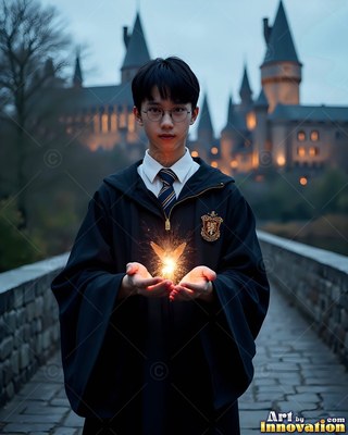 A young man in black robes holds sparks in his cupped hands with warm light shining on his face