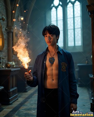 Standing in a stone hall, a young man in an open blue dress shirt holds a flame wand