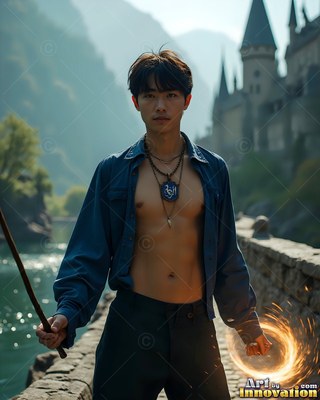 A young man in a clear blue uniform shirt spins a ring of fire outside a castle