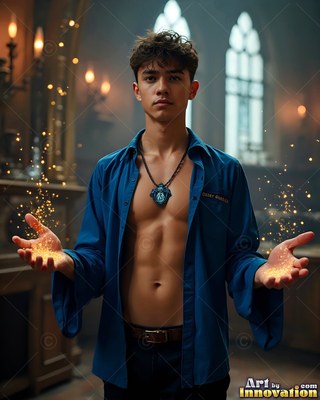 In a dim stone hall, a young man stands with a pale blue uniform shirt and sparks on his palms
