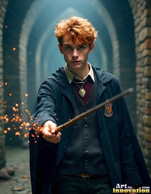 Pointing a wooden wand, a red-haired young man in dark robes casts sparks in a hall