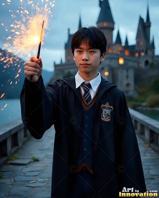 A young man in a dark robe holding a sparkler near a castle