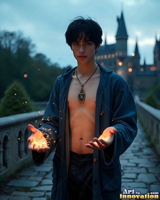 A clear blue coat covers a man holding sparks on a stone bridge by a castle