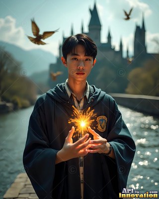 A young man holds bright yellow sparks between his hands before a castle